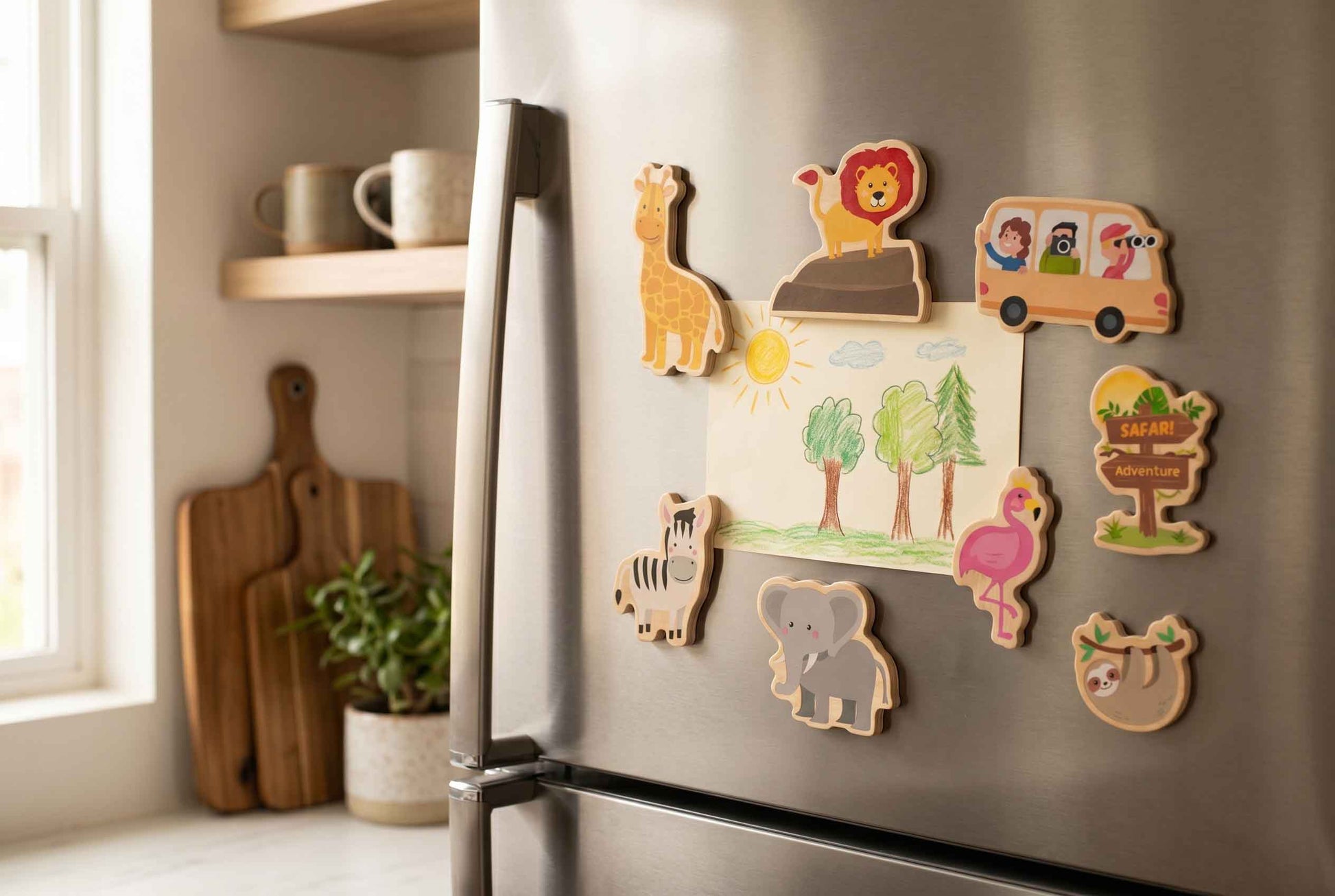 Eine Sammlung von Holzmagneten mit Tieren, darunter eine Giraffe, ein Löwe, ein Zebra, ein Elefant, ein Flamingo und ein Faultier, sind auf einem Kühlschrank aus Edelstahl angebracht. Eine Zeichnung einer Safari-Szene ist ebenfalls angebracht.