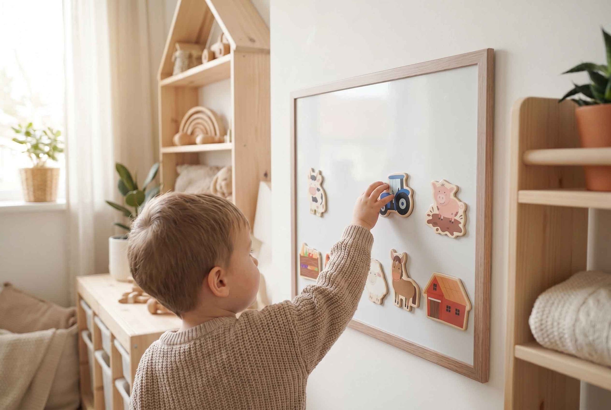 Kind spielt mit Bauernhof Magneten an Magnettafel im Kinderzimmer