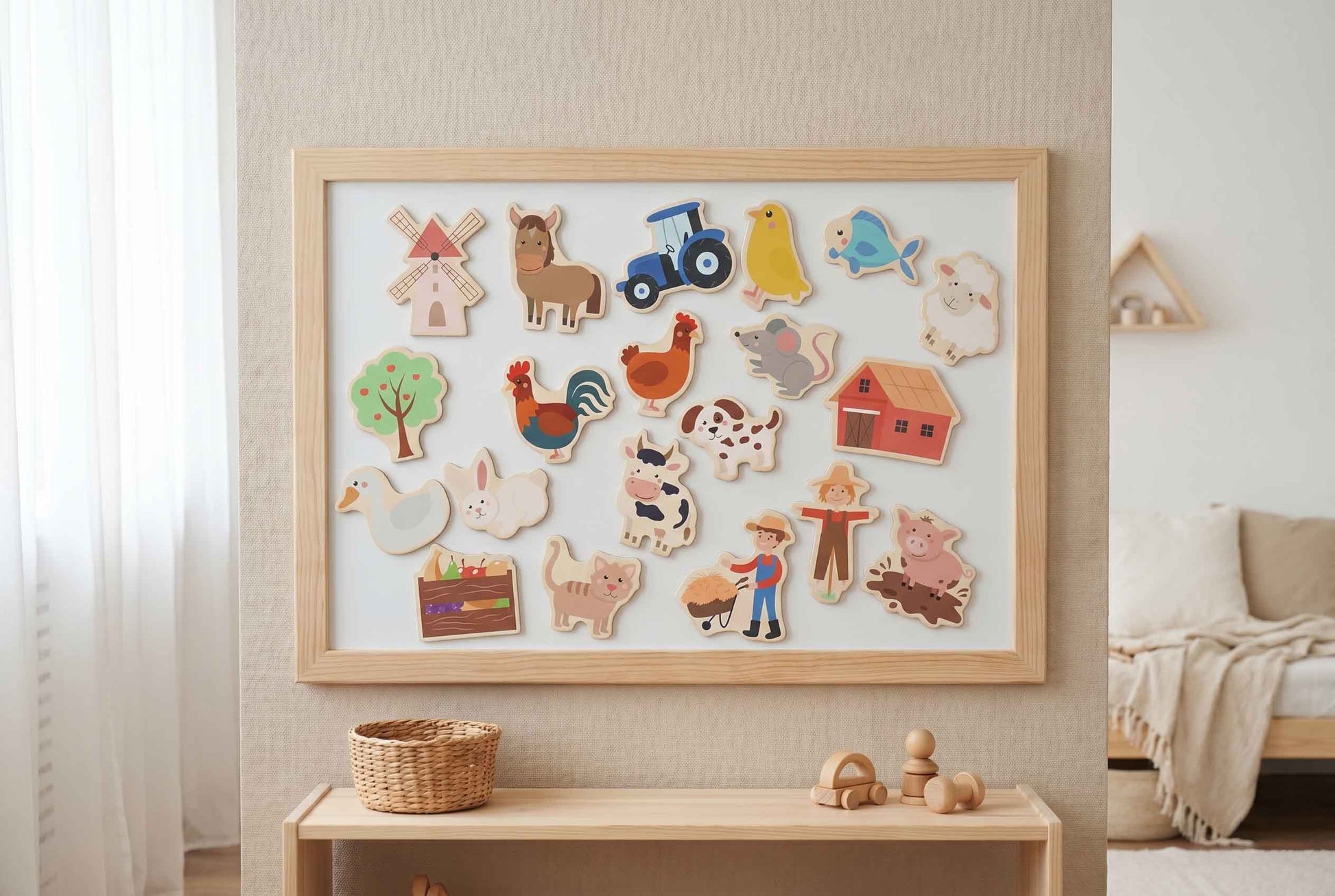 Gerahmte Bauernhof Magnettafel mit Holzmagneten als Kinderzimmer Dekoration