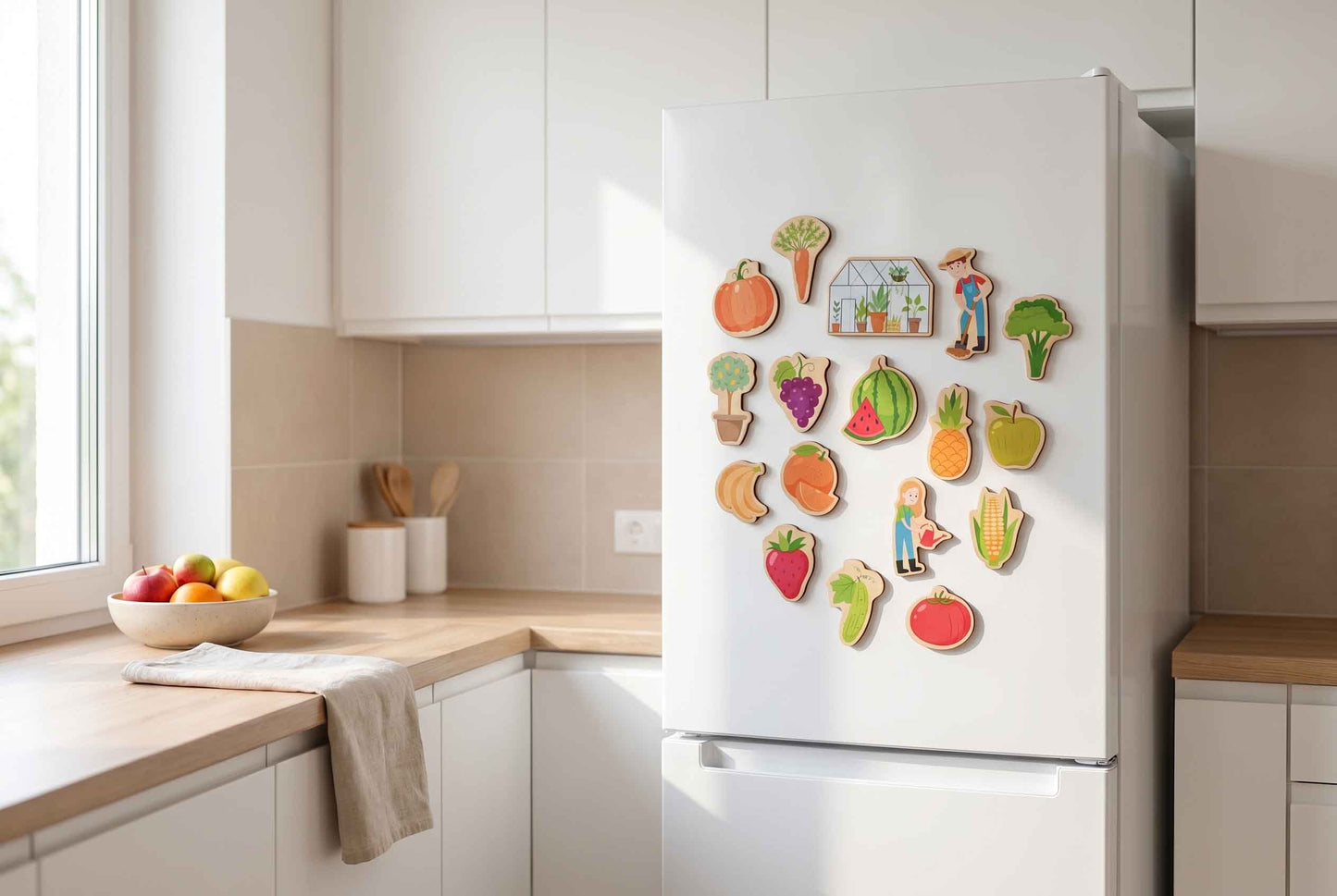 Kinderzimmer Szene mit spielendem Kind und Obst-Magneten aus Holz