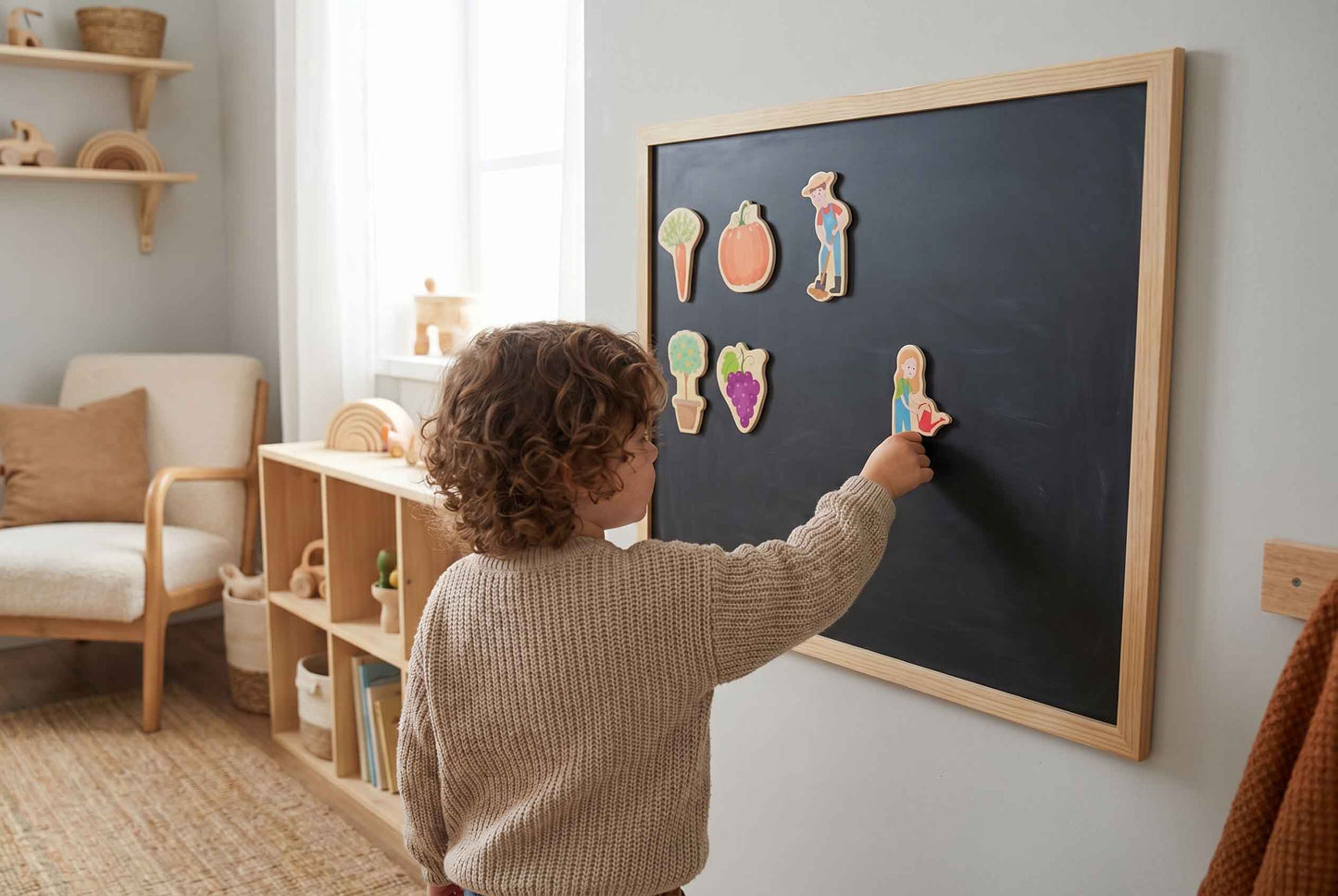 Kind befestigt Obst- und Gemüse Magnete an einer Magnettafel im Kinderzimmer