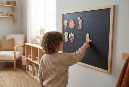 Kind befestigt Obst- und Gemüse Magnete an einer Magnettafel im Kinderzimmer