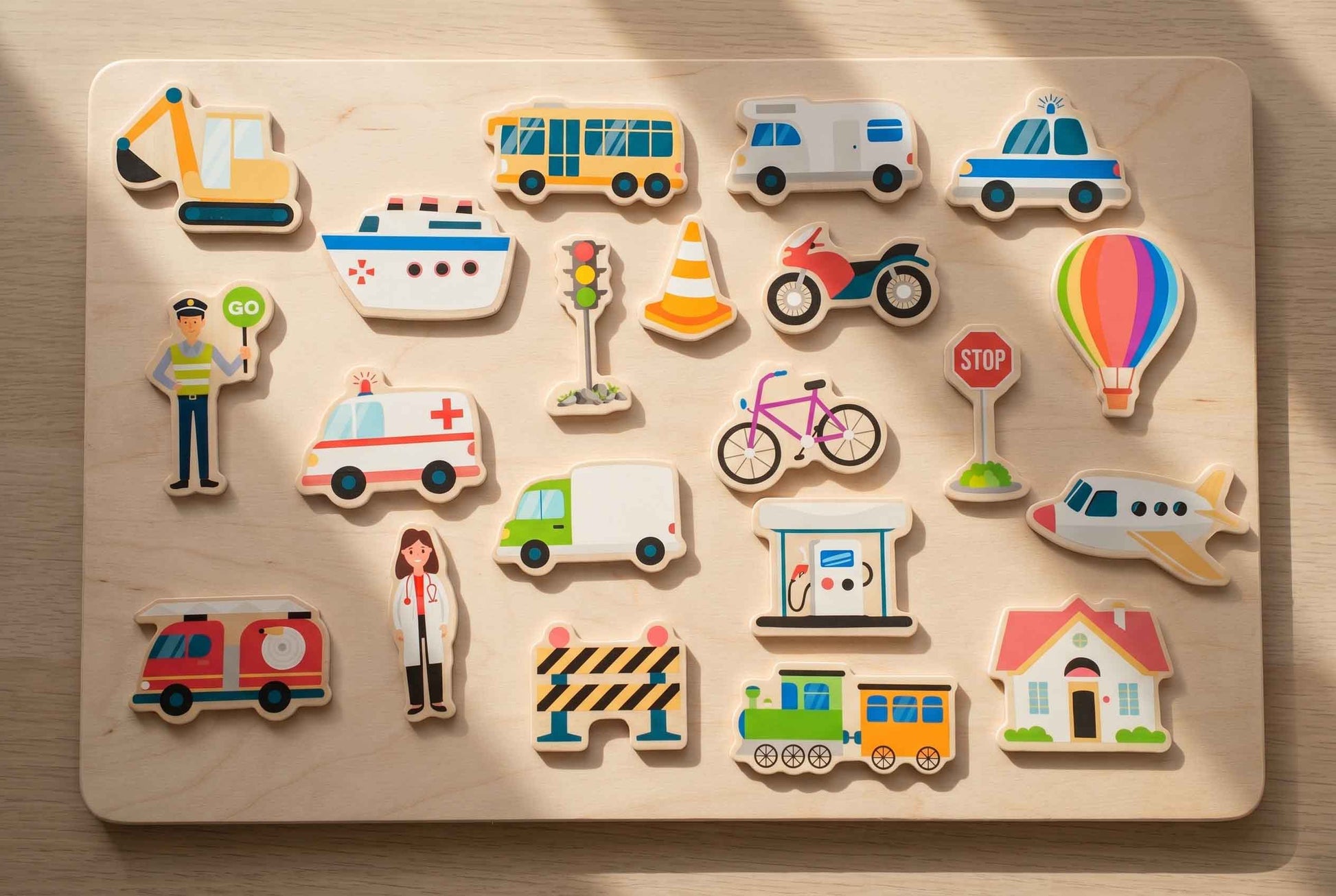 Stadt Holzmagnete für Kinder – buntes Lernspielzeug mit Fahrzeugen, Häusern und Verkehrsmotiven
