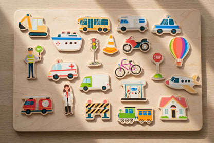 Stadt Holzmagnete für Kinder – buntes Lernspielzeug mit Fahrzeugen, Häusern und Verkehrsmotiven