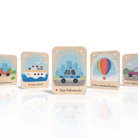 5 Lernkarten aus Holz mit Fahrzeug Motiven